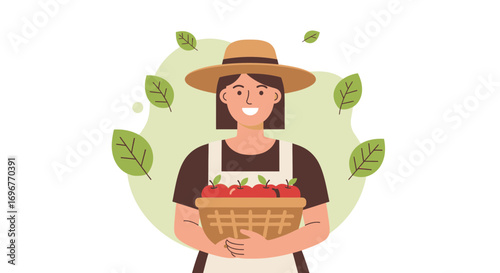 Happy Farmer Wearing Hat Offering Apple Harvest Showing Healthy Organic Food Production