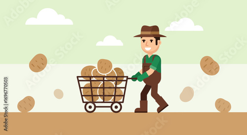 Farmer Pushing Cart Full Of Potatoes, Autumn Harvest Season In Green Fields