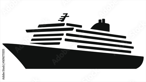 Modern Cruise Ship Hotel Icon – Black Silhouette of Luxury Ocean Liner, Isolated Vector Illustration for Travel, Tourism, Vacation, Sea Journey, Nautical, Marine, and Transportation Design Concepts