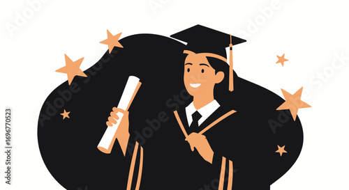 Happy Graduate Cartoon Holding Diploma Celebrates Educational Achievement with Bright Stars