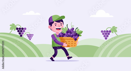 Happy Grape Harvester Carrying Basket and Running Through Vineyards Fields With Grapes
