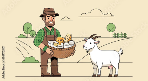 Farmer Shows Fresh Cheese to Goat on a Farm, a Pastoral Illustration