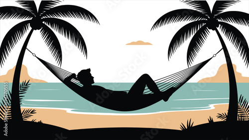 Relaxing Silhouette of Man in Hammock Between Palm Trees on Tropical Beach with Ocean View – Serene Vacation Scene for Resort, Holiday, and Travel Concepts