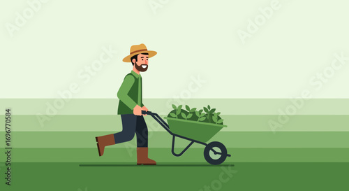 Farmer Transporting Plants In A Wheelbarrow Across A Green Field, Vector Illustration