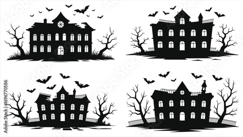 Set of Four Deserted Haunted Hotel Illustrations with Flying Bats and Barren Trees, Perfect for Halloween Horror Themes