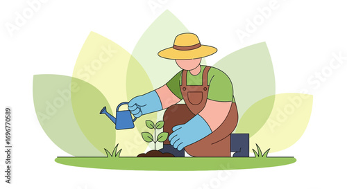 Farmer Watering A Young Plant in The Garden with a Simple Leafy Background