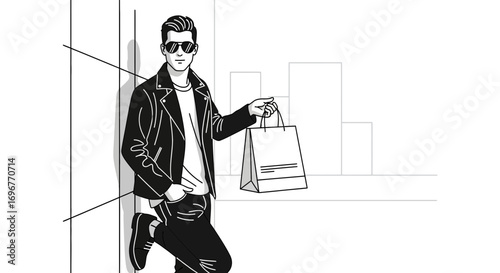 Fashionable Individual Holding Shopping Bag Against Urban Cityscape Background