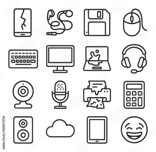 Digital technology icon set: devices and accessories outline collection