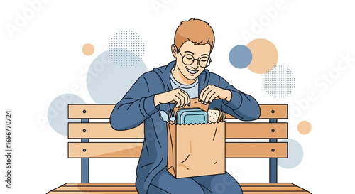 Happy Person Unpacking Food From a Paper Bag While Relaxing On a Park Bench