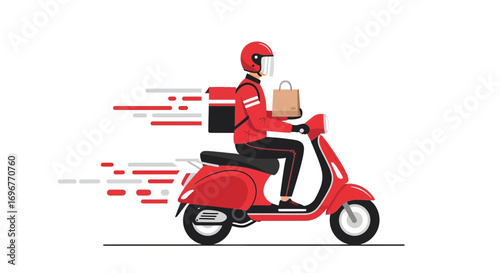 Fast Food Courier Delivering Order With Red Scooter On White Background Illustration