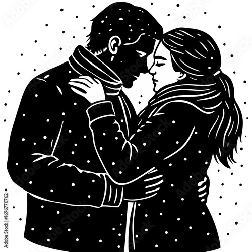 Romantic Couple Embrace in Snow Illustration
