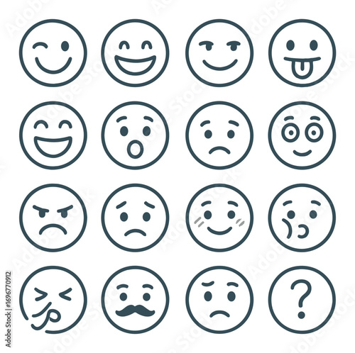 Diverse emoji faces expressing varied emotions with unique facial expressions