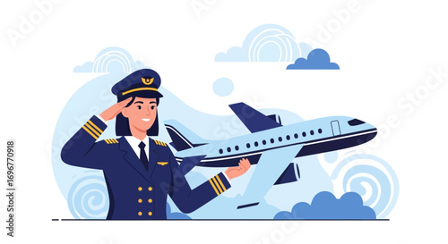 Female Aviator Saluting Before A Modern Aircraft With Artistic Clouds Illustration