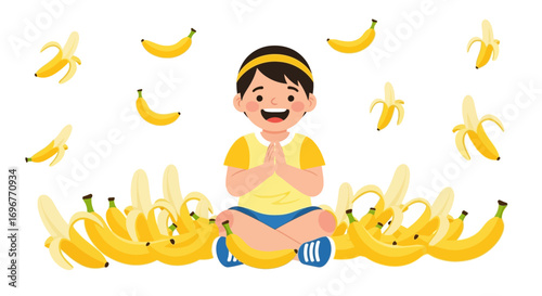 Happy Yogi Contemplating Abundance Amidst Freshly Harvested And Peeling Bananas