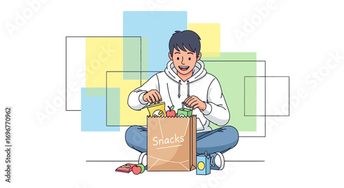 Happy Young Person Preparing a Bag of Snacks, Fruits and Drinks for Enjoyment