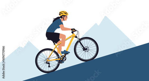 Female Cyclist Ascending Hill on Mountain Bike Depicting Physical Endurance and Determination