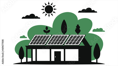 Eco-friendly hotel illustration with solar panels on roof, surrounded by trees and green nature landscape under sunny sky. Sustainable energy and clean living concept.