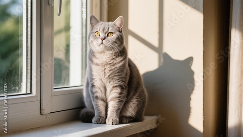 Cat Perched on Windowsill Enjoying Afternoon Sunlight in Cozy Interior Setting