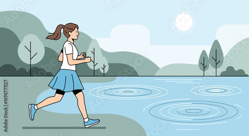 Female Jogger Exercising In Park Near Water On Sunny Day With Calm Surroundings