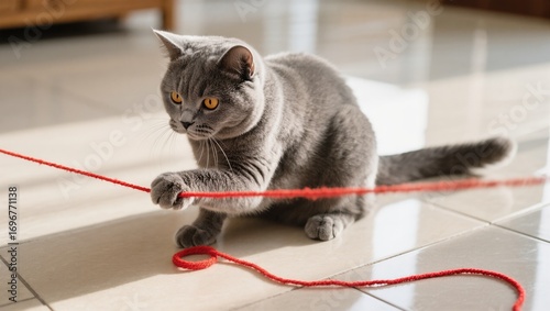 Gray Cat Plays With Red String in Sunlit Room During Afternoon Hours