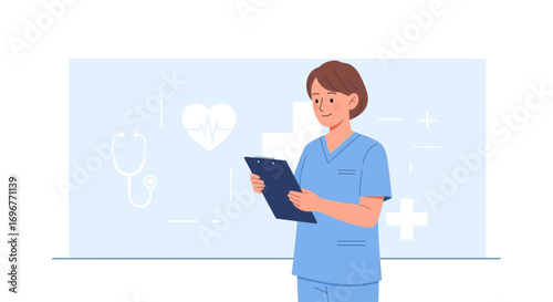 Female Healthcare Professional Holding a Clipboard in a Modern Medical Setting