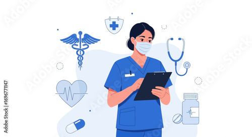 Healthcare Professional Wearing Mask Holding Clipboard, Medical Illustration, Beautifully