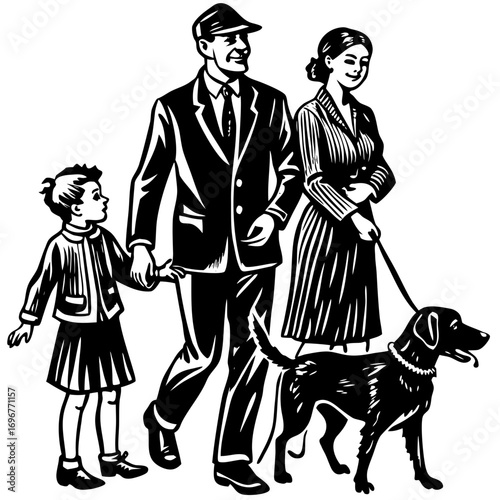 Vintage Family Dog Walk Illustration
