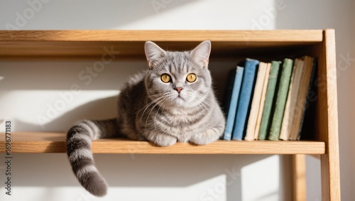 Gray Striped Cat Lounging on a Wooden Shelf Next to Colorful Books in Bright Sunlight