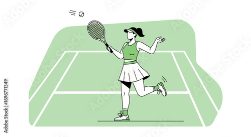 Female Tennis Player Executes a Forehand Stroke During an Intense, Lively Match