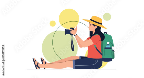 Female Traveler Capturing the Moment with Camera in Vibrant Outdoor Setting