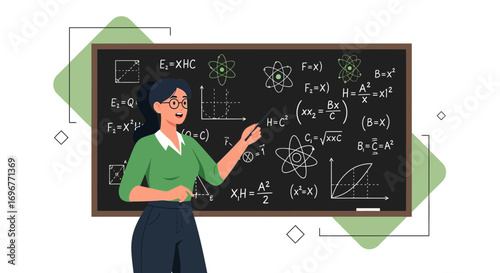 Female Teacher Explaining Complex Equations On Blackboard For Education And Learning