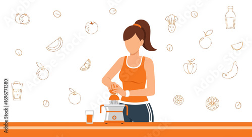 Healthy Lifestyle: Woman Making Fresh Juice in a Modern Kitchen Everyday for a Healthier Diet