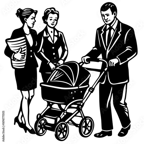 Stylish Family with Stroller Illustration