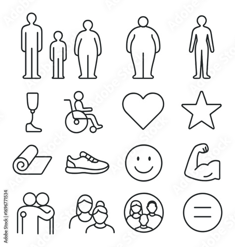 Inclusive outline icons: accessibility, diversity, health, community, and fitness
