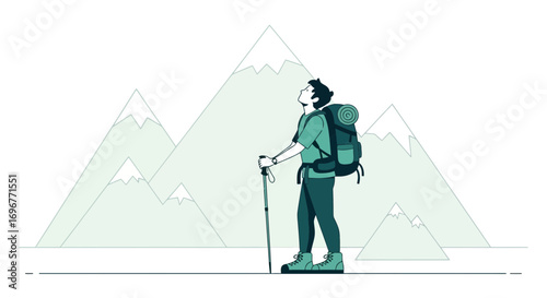 Hiker Gazing Upward at Majestic Peaks during a Serene Outdoor Adventure