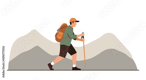 Hiker Navigating Terrain With Hiking Gear And Poles Against Mountain Backdrop