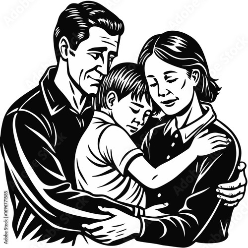 Family Embrace in Black and White Sketch