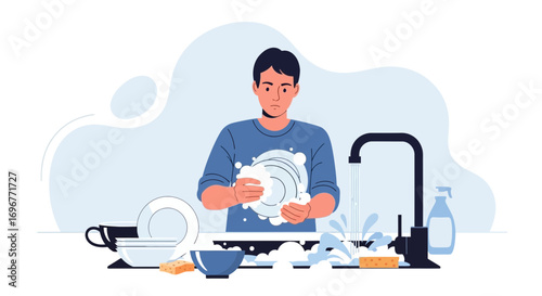Husband Washing Dishes, Cleaning Home Life, Cartoon Illustration of Everyday Chores