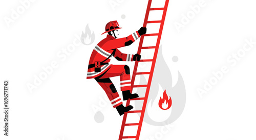 Firefighter Climbing a Ladder Towards a Flame, Representing Courage And Rescue