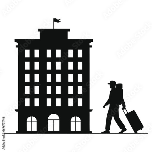 Silhouette of Hotel Building with Traveler Carrying Luggage, Modern Accommodation Concept, Tourist Arriving at Hotel, Hospitality Industry, Travel and Tourism, Vacation Stay