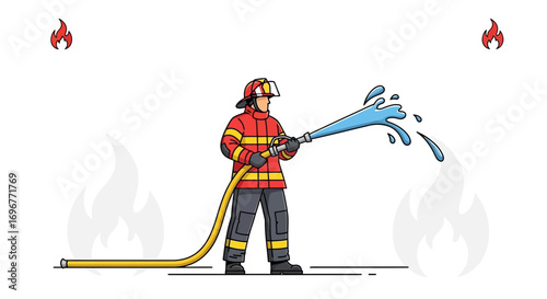 Firefighter Extinguishing Blaze With High Pressure Water Stream In Emergency Situation.