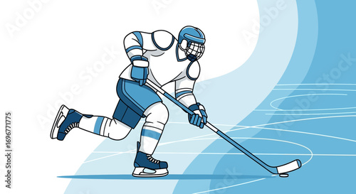 Ice Hockey Player Skating Quickly Across The Rink In Blue and White Uniform