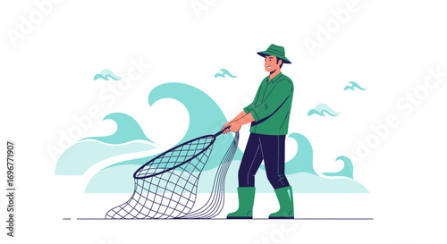 Fisherman Casting Net Amongst The Teal ocean Waves With Green Clothing And Rubber Boots Displayed