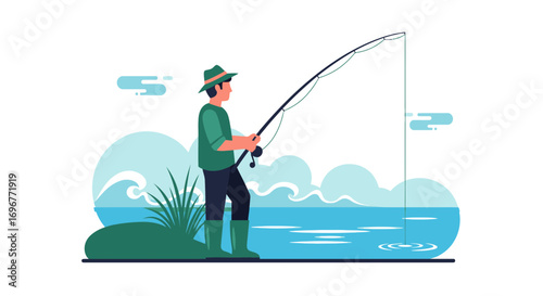 Fisherman Casting Fishing Rod at Lakeside with Green Hat in Calm Waters Vector Illustration