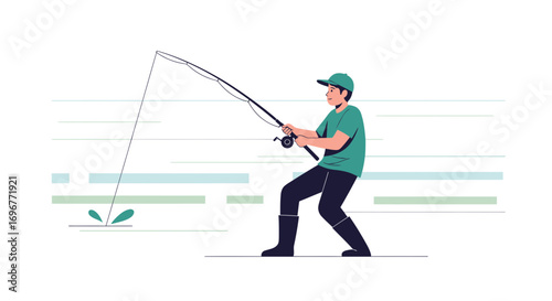 Fisherman Casting Rod Eagerly Hoping to Catch a Fish in the Calm Morning