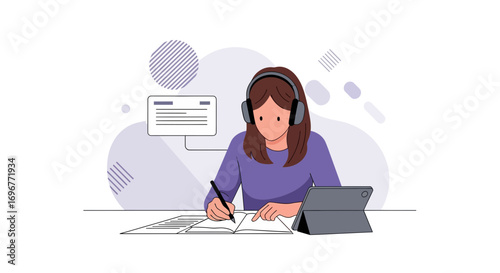 Illustrated Studying Subject Concept, Taking Notes and Using Tablet with Headphones.