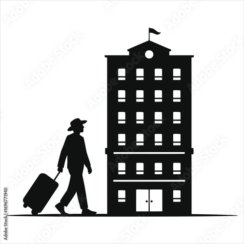 Silhouette of a Traveler Walking with Rolling Suitcase towards a Modern Multi-Story Hotel Building in Black Minimal Style – Business & Leisure Accommodation Arrival Concept Hospitality Tourism
