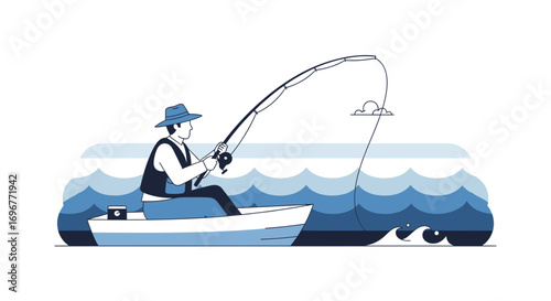 Fisherman Casting Rod While Observing The Sea On White Boat In Clear Blue Waters