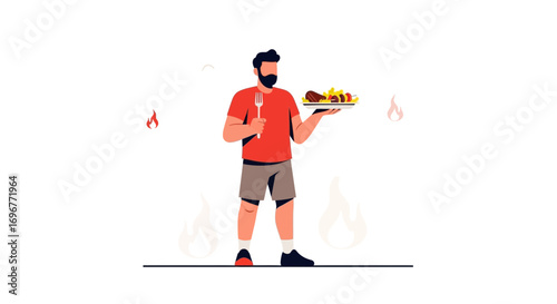 Illustration Of A Bearded Chef Presenting Deliciously Prepared Grilled Food Dish