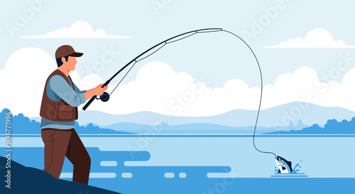 Fisherman Catches A Fish: A Serene Moment Captured In An Aquatic Landscape